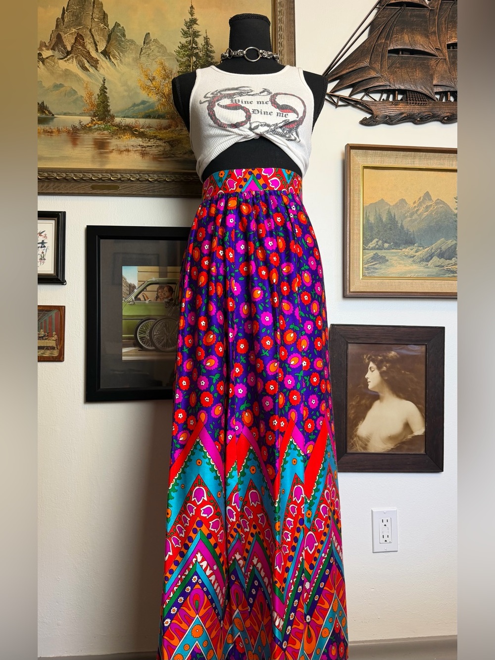 Vintage 1960s/70s Alex Colman California Mod Print Maxi Skirt XS 24" Waist - Picture 4 of 15